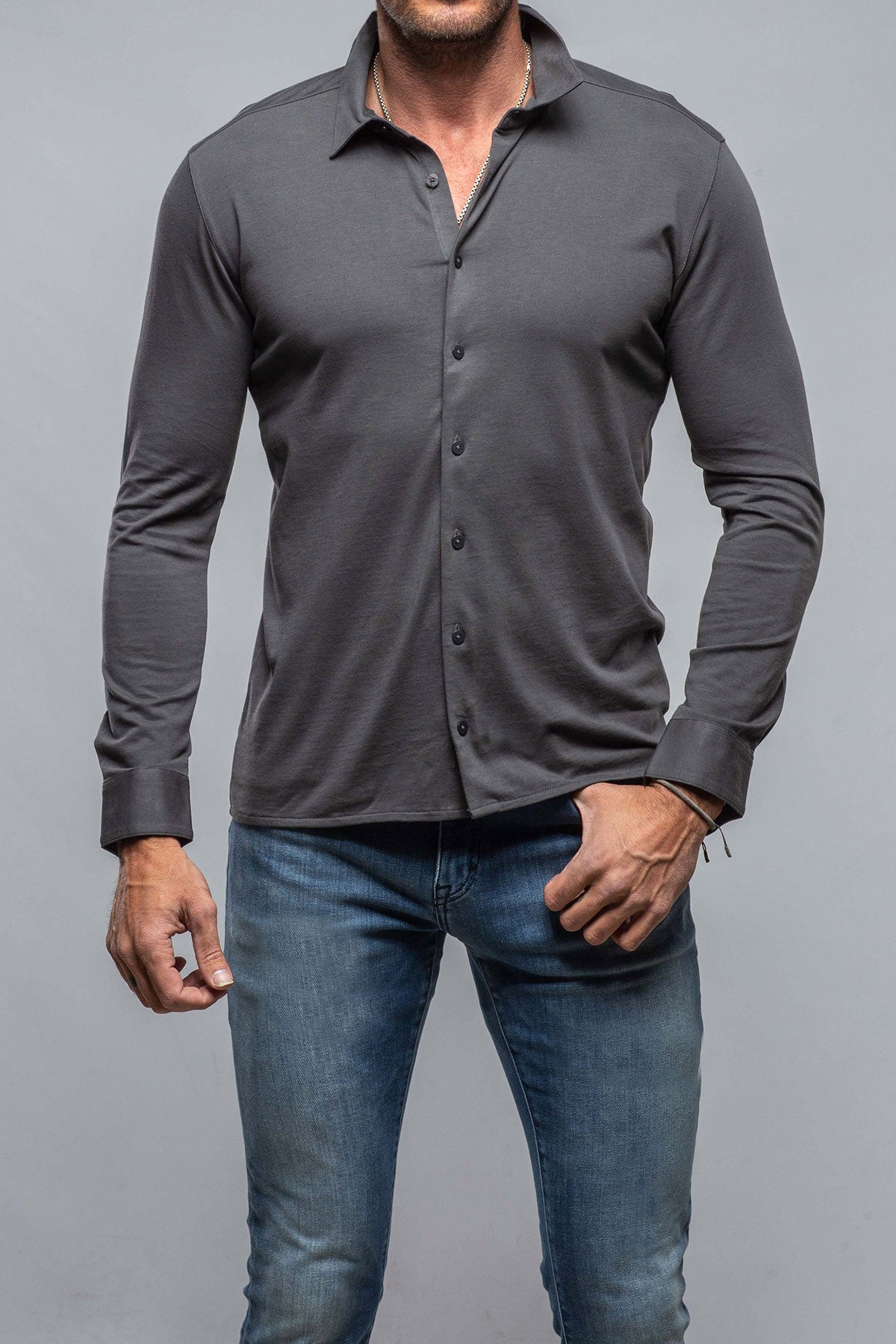 Cambria Button Up Polo in Grey | Mens - Shirts - Polos | Georg Roth