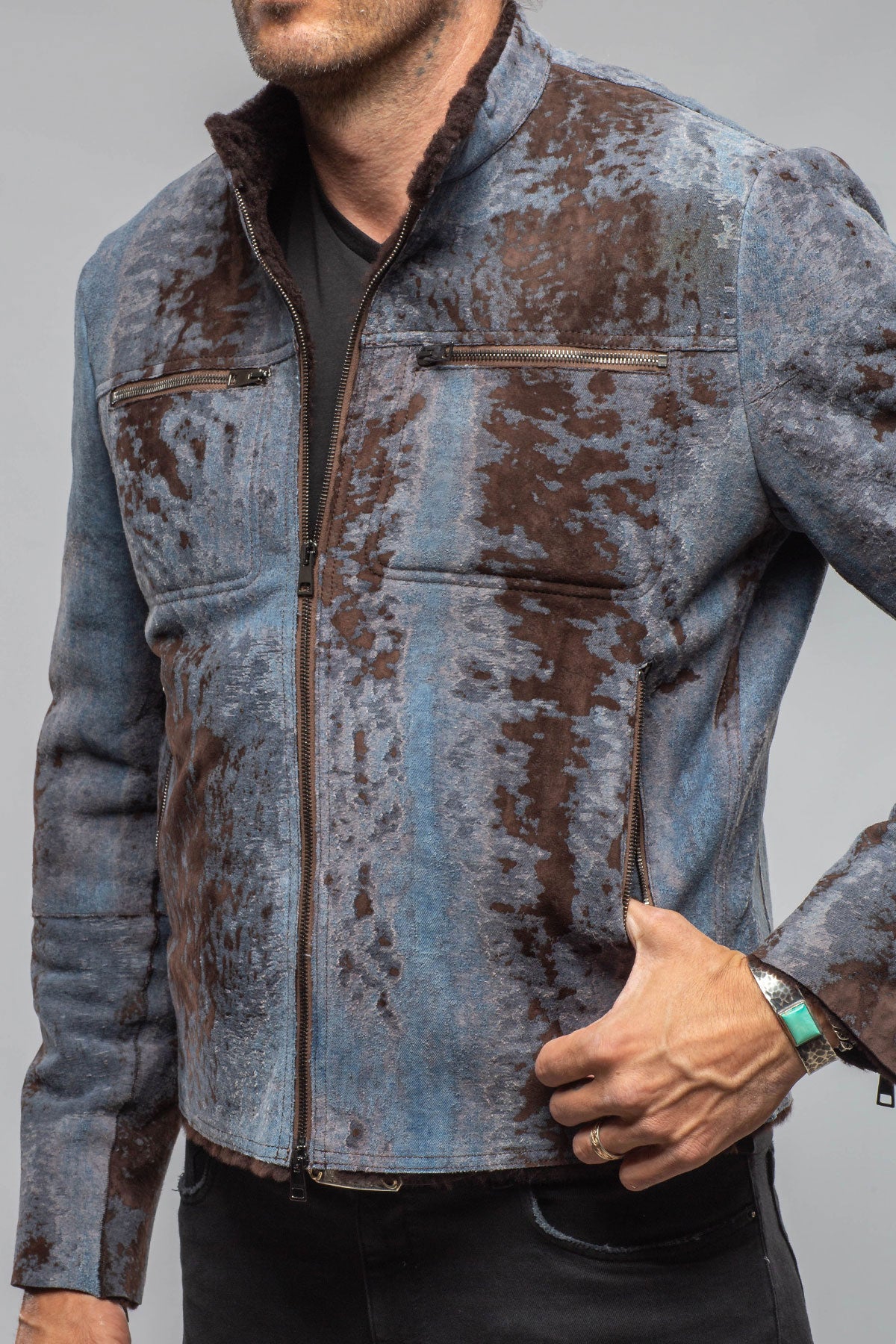 Jean Shearling Moto In Distressed Brown | Mens - Outerwear - Shearling | Red Stone Collection