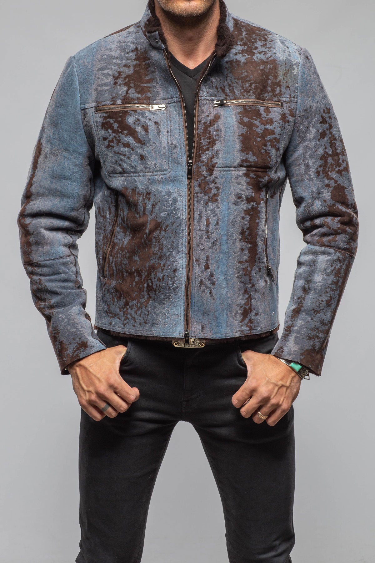 Red Stone Collection Jean Shearling Moto In Distressed Brown Mens - Outerwear - Shearling