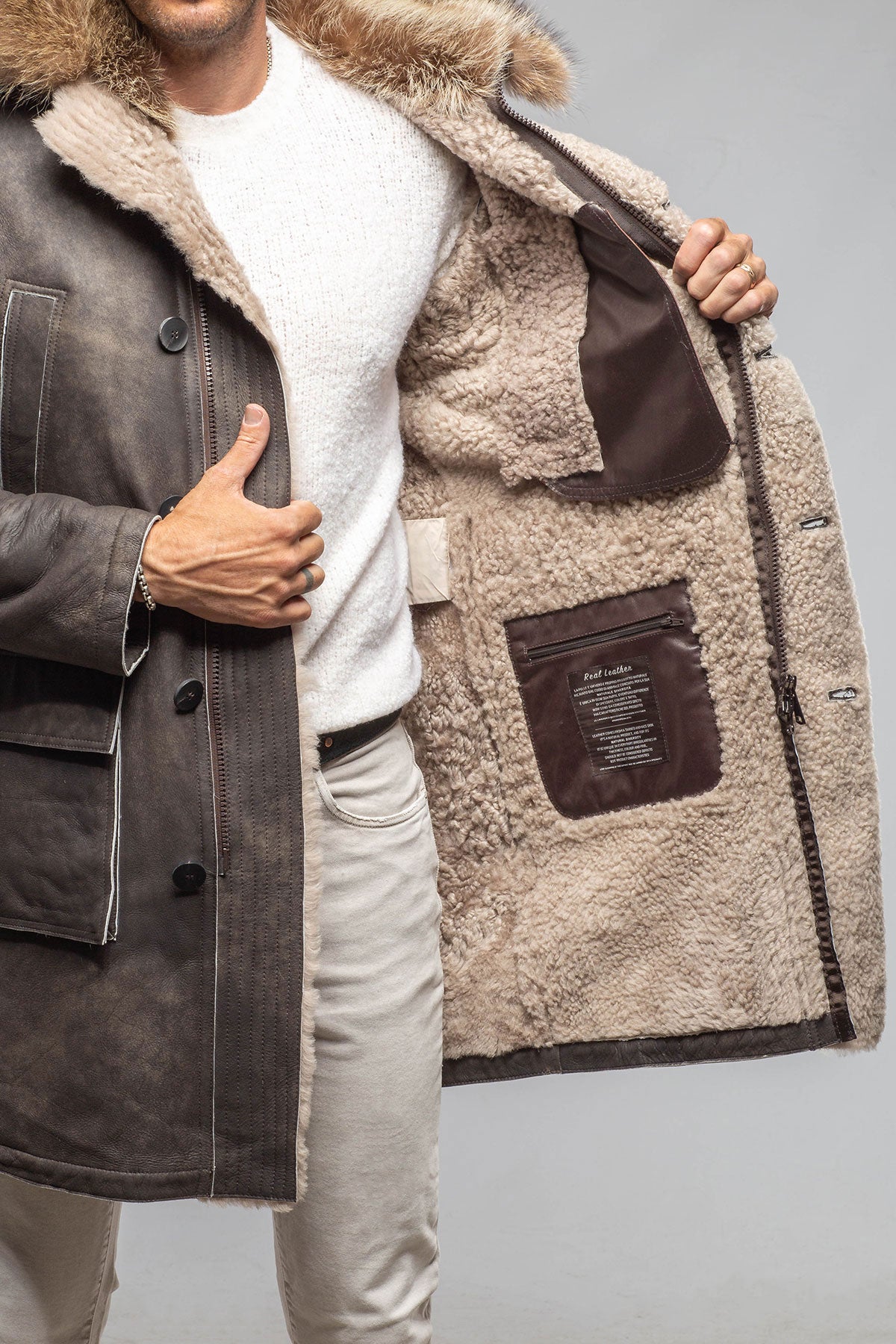 Red Stone Collection Rustic Mid length Shearling In Natural Rock Mens - Outerwear - Shearling