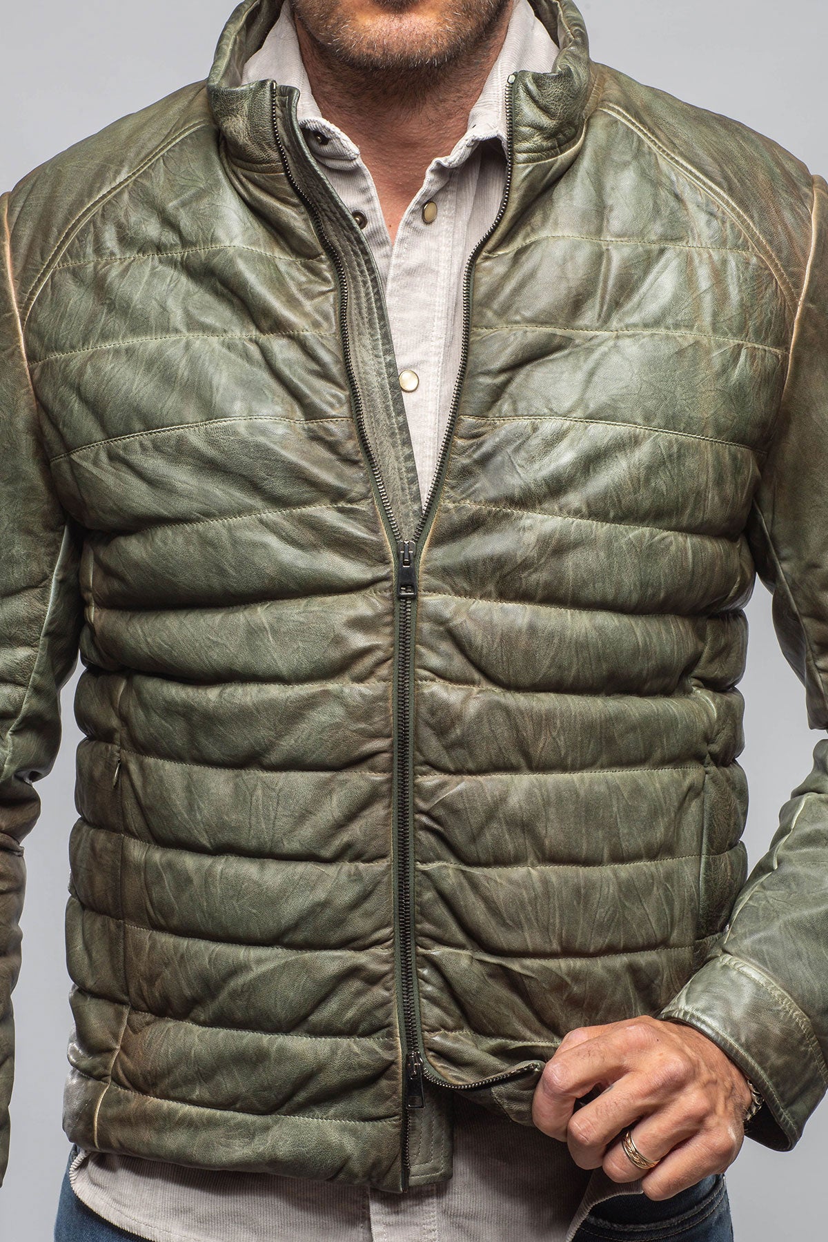 Red Stone Collection | Vintage Leather Quilted Jacket In Military | Mens - Outerwear - Leather 