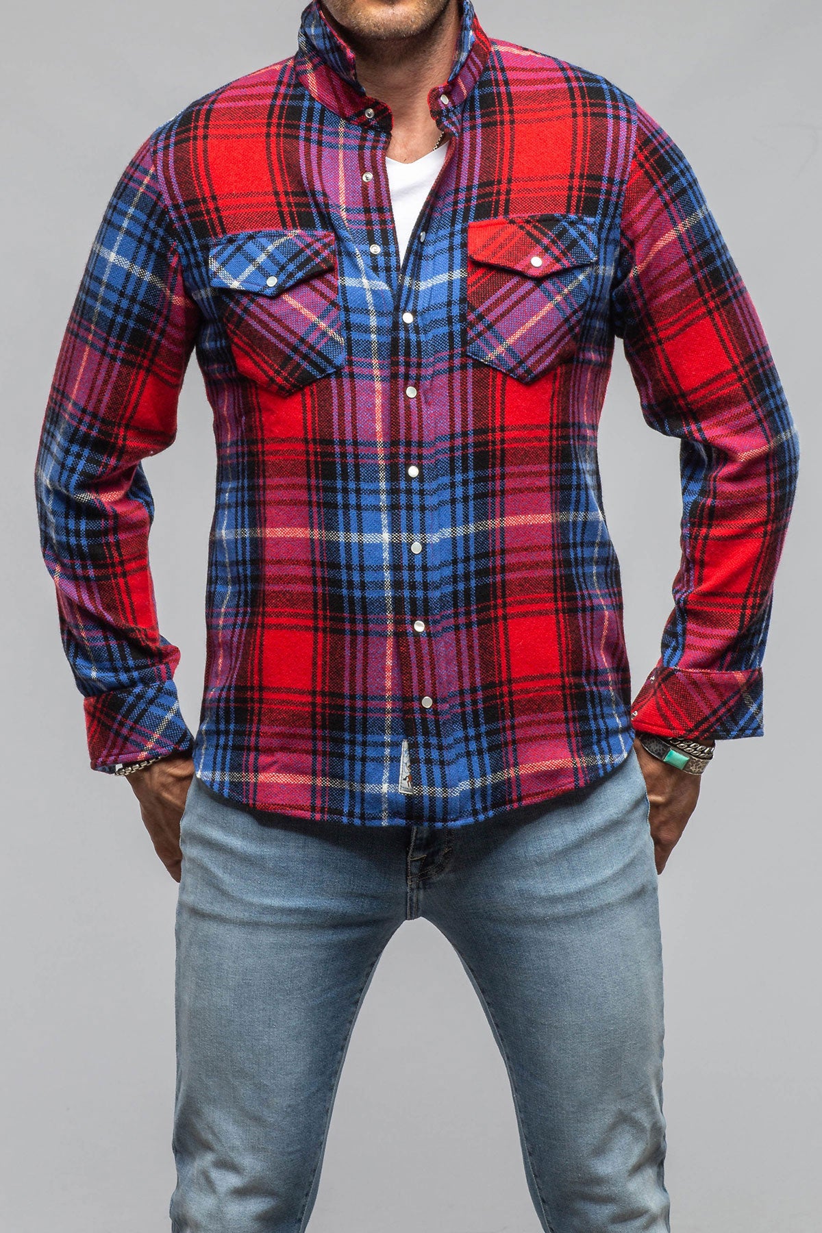 Richard Grand Cashmere Flannel Snap Shirt In Red Cobalt Mens - Shirts