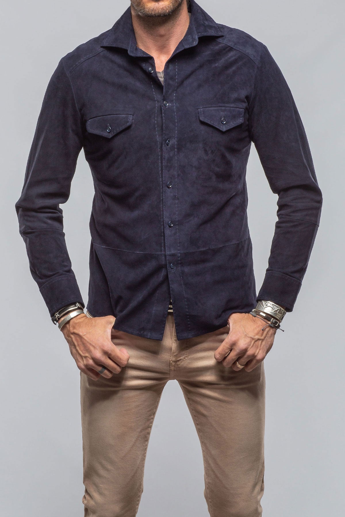 Robert Comstock Balanced Suede Shirt In Blue Mens - Outerwear - Leather