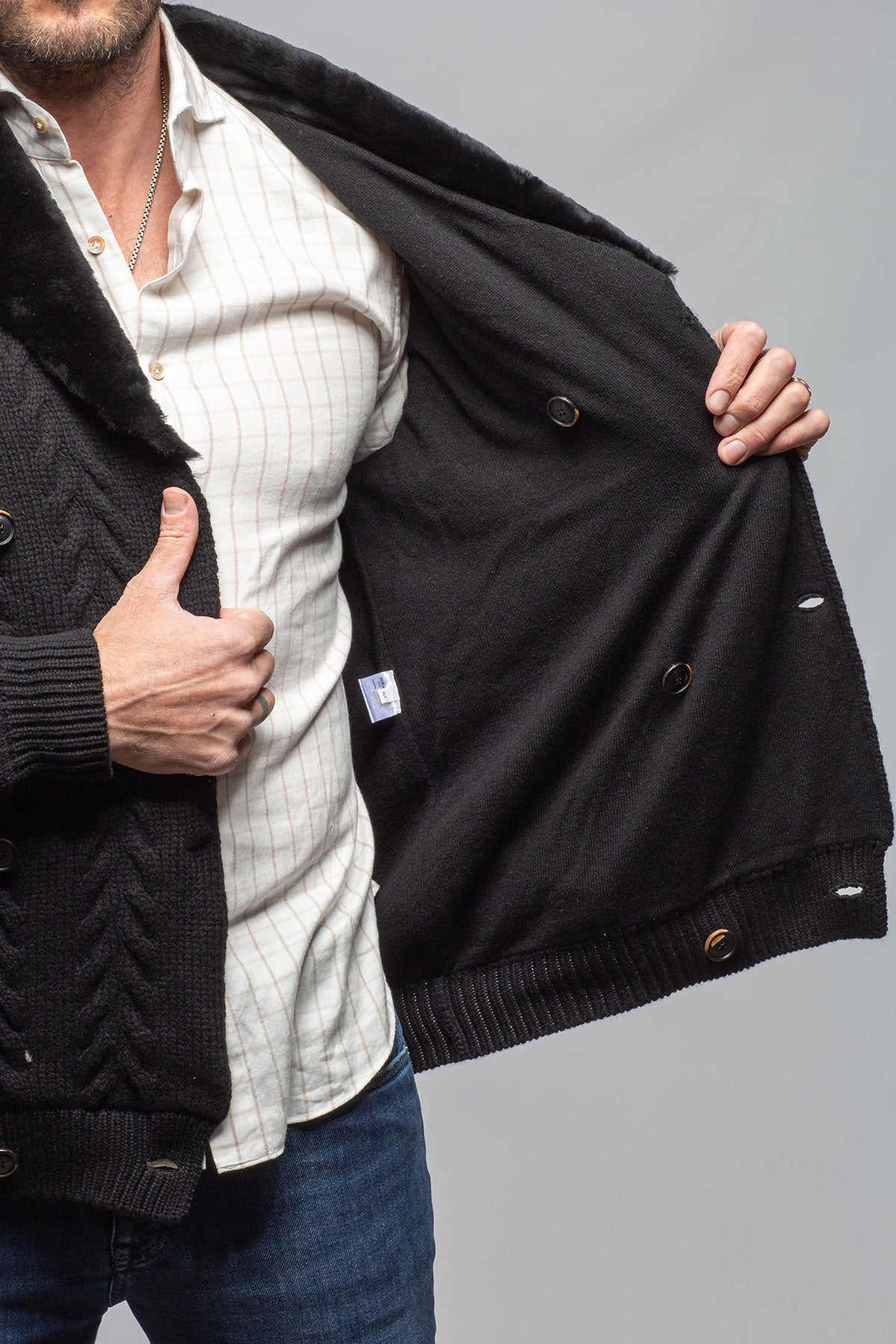 Robert Comstock RC Shearling Cardigan In Black Mens - Sweaters