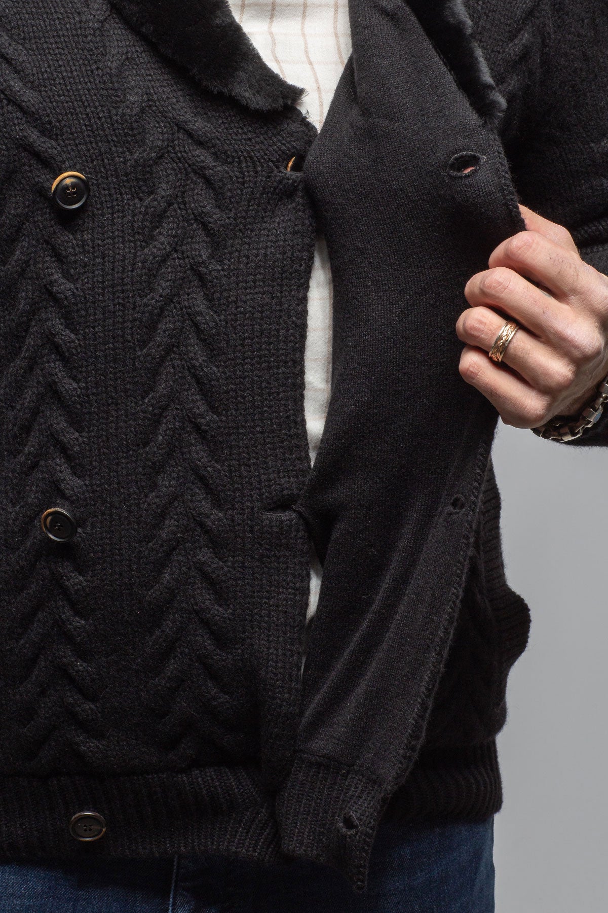 Robert Comstock RC Shearling Cardigan In Black Mens - Sweaters