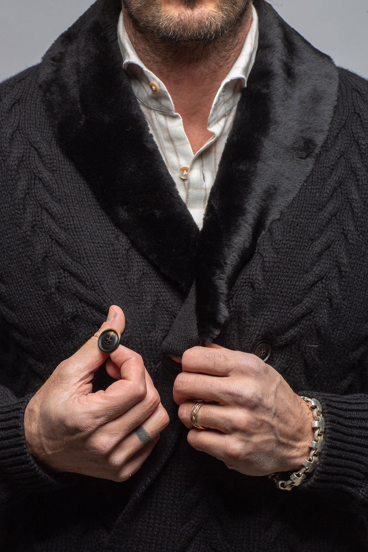 Robert Comstock RC Shearling Cardigan In Black Mens - Sweaters