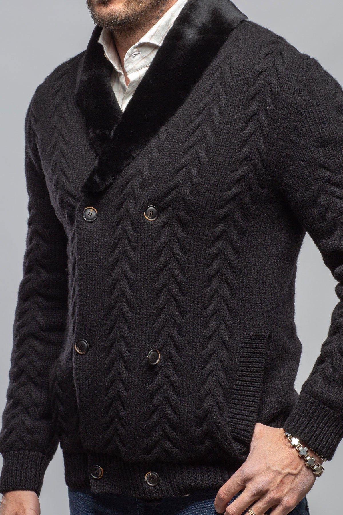 Robert Comstock RC Shearling Cardigan In Black Mens - Sweaters