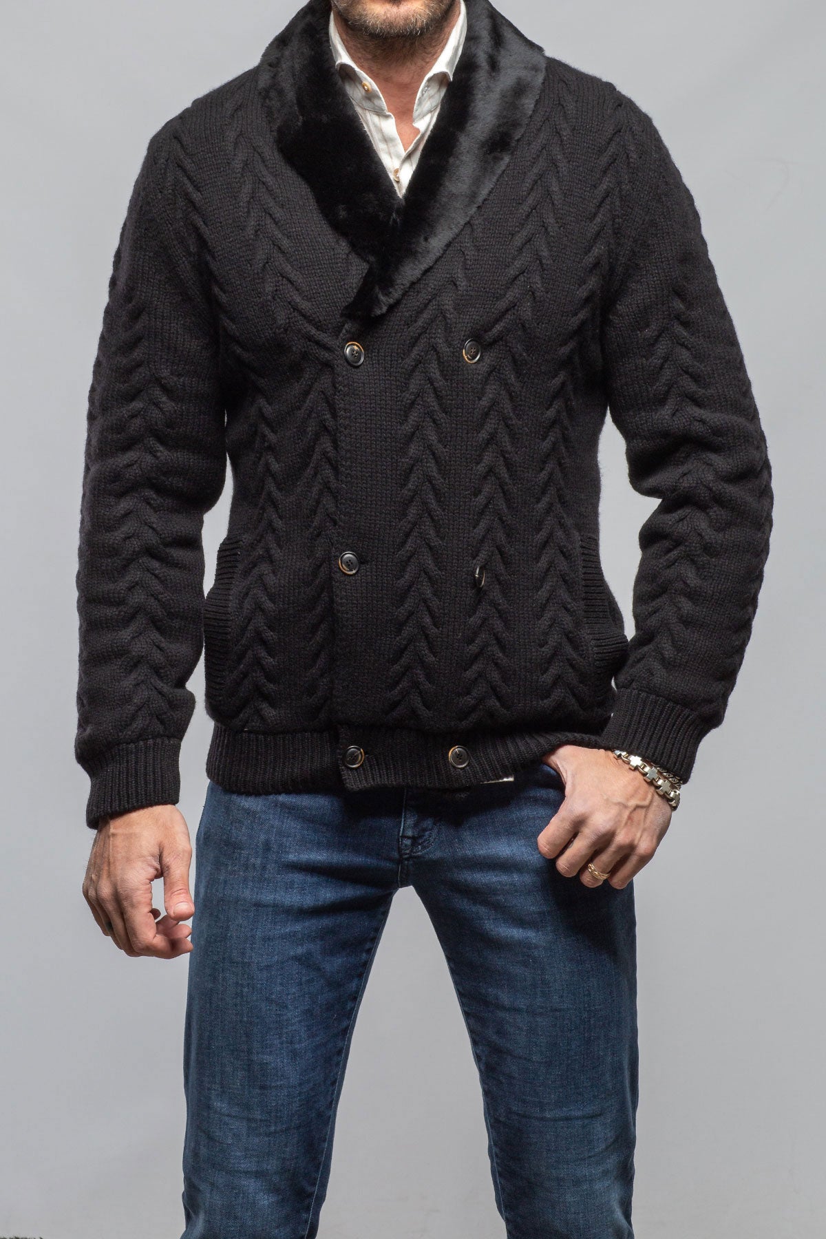 Robert Comstock RC Shearling Cardigan In Black Mens - Sweaters