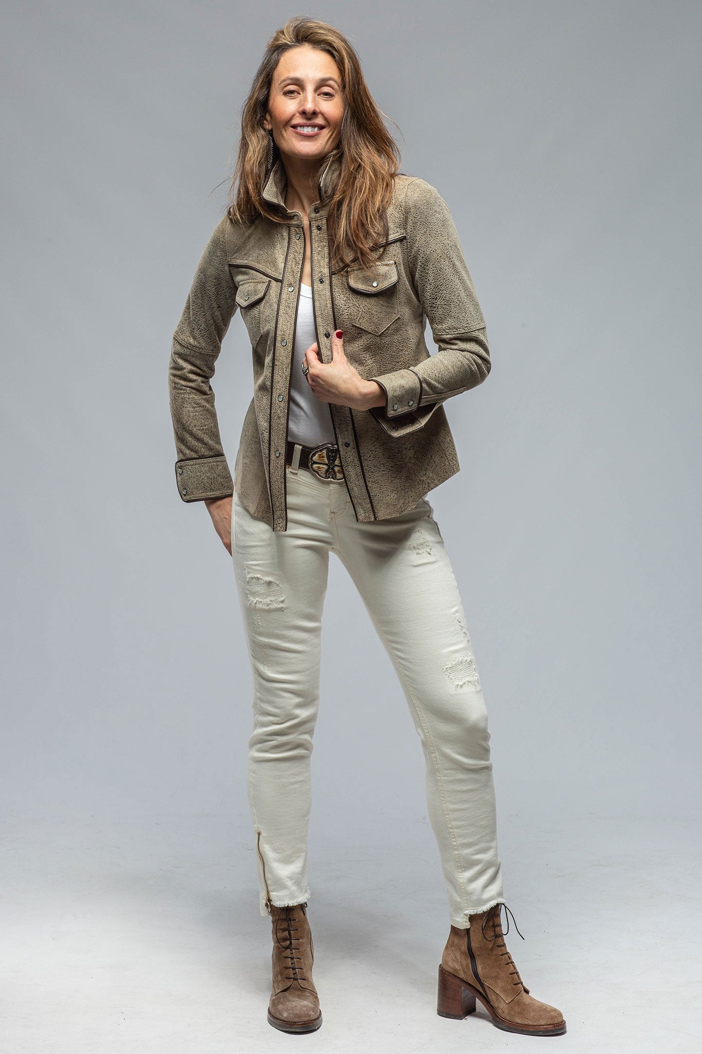 Roncarati Billie Western Leather Shirt in Vintage Stone Ladies - Outerwear - Leather