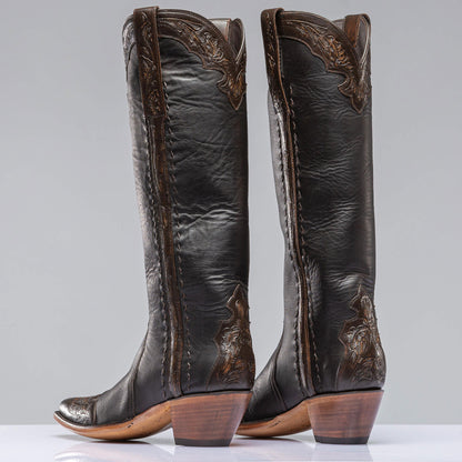 Stallion Boots Gunmetal Tall Boot In Cognac Tooling Ladies - Cowboy Boots