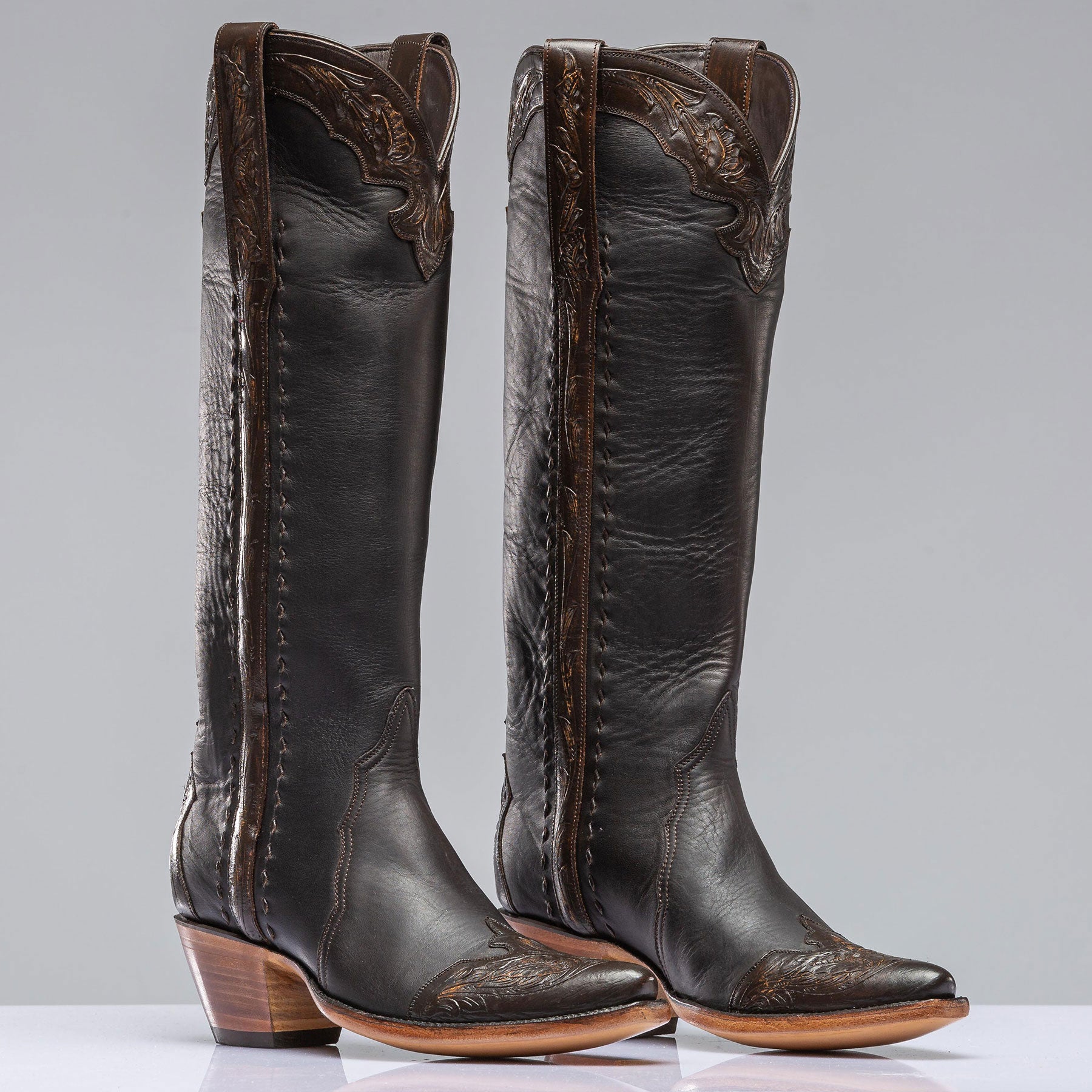 Stallion Boots Gunmetal Tall Boot In Cognac Tooling Ladies - Cowboy Boots