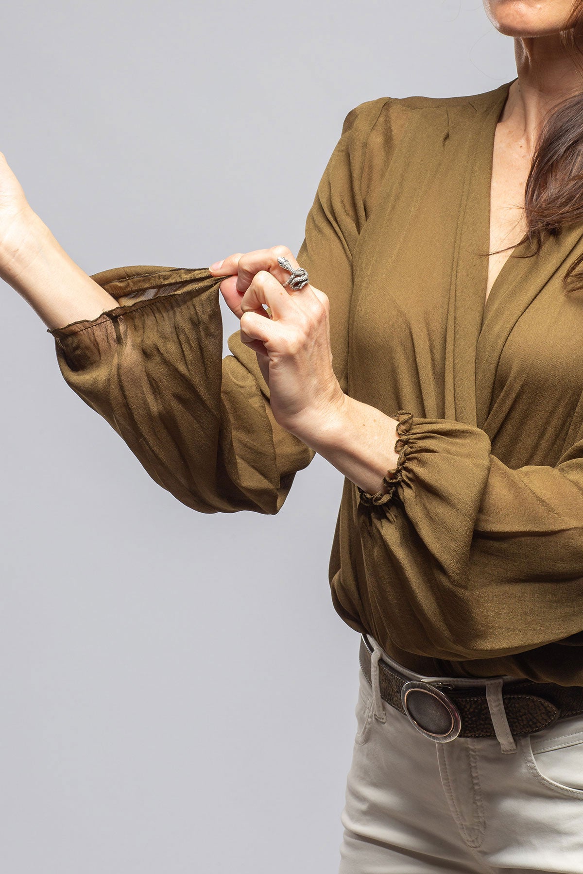 T.ba Laia V-Neck Peasant Blouse In Olive Ladies - Blouses