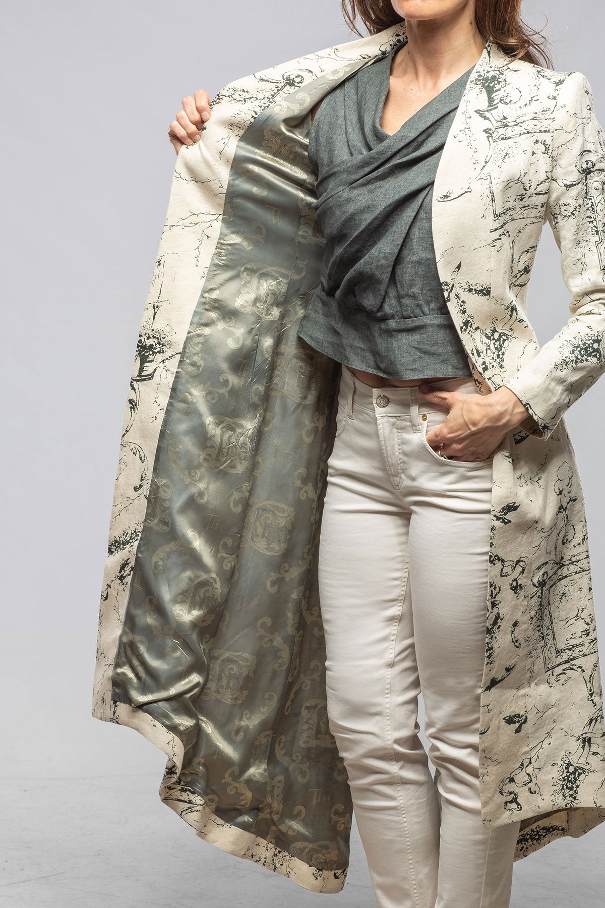 T.ba Majorca Long Linen Coat In Beige Toscana Print Ladies - Tailored