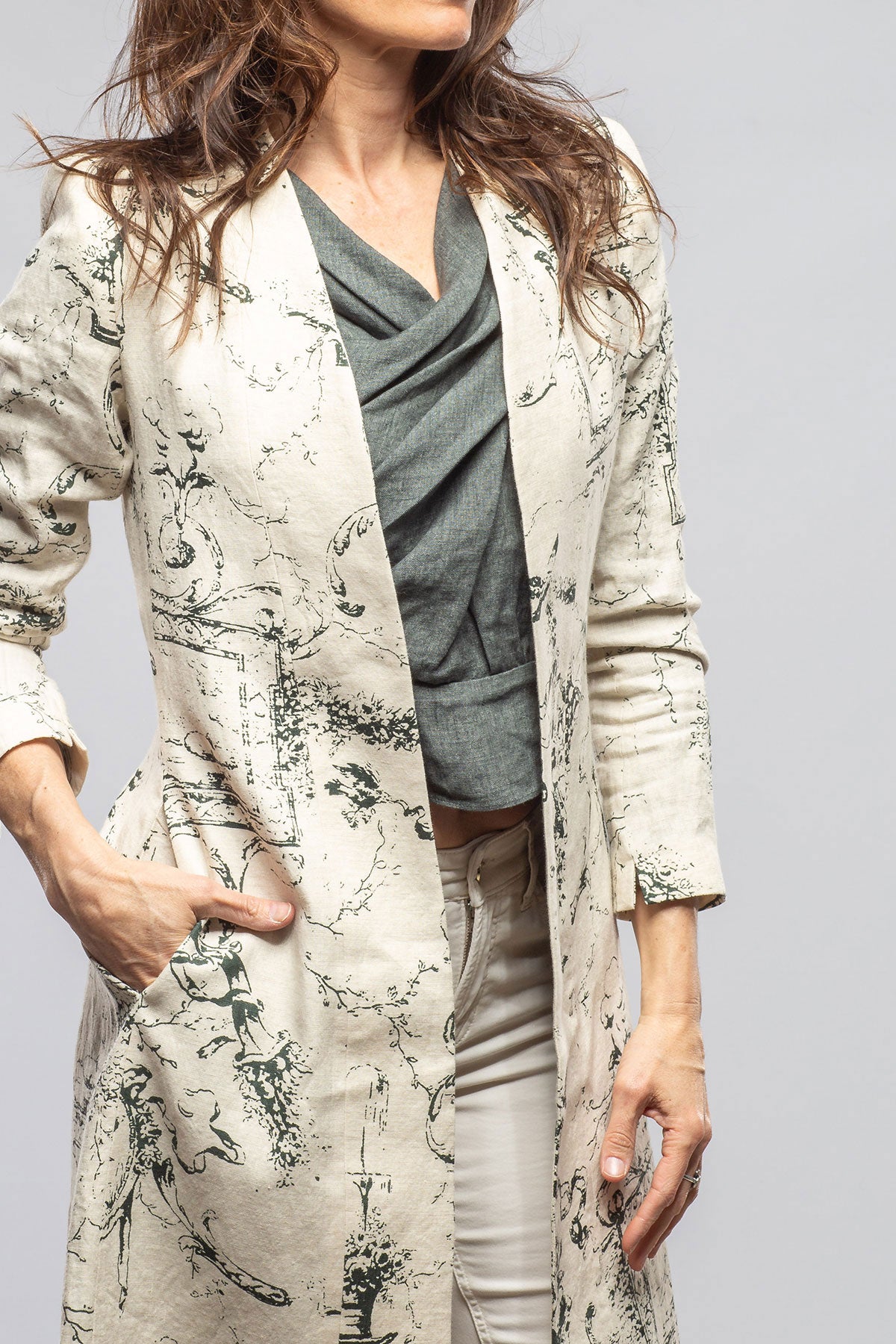 T.ba Majorca Long Linen Coat In Beige Toscana Print Ladies - Tailored