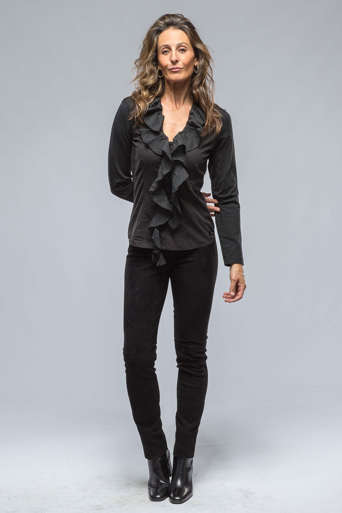 Monica V-Neck Ruffle Front Blouse In Black | Ladies - Blouses | European Culture