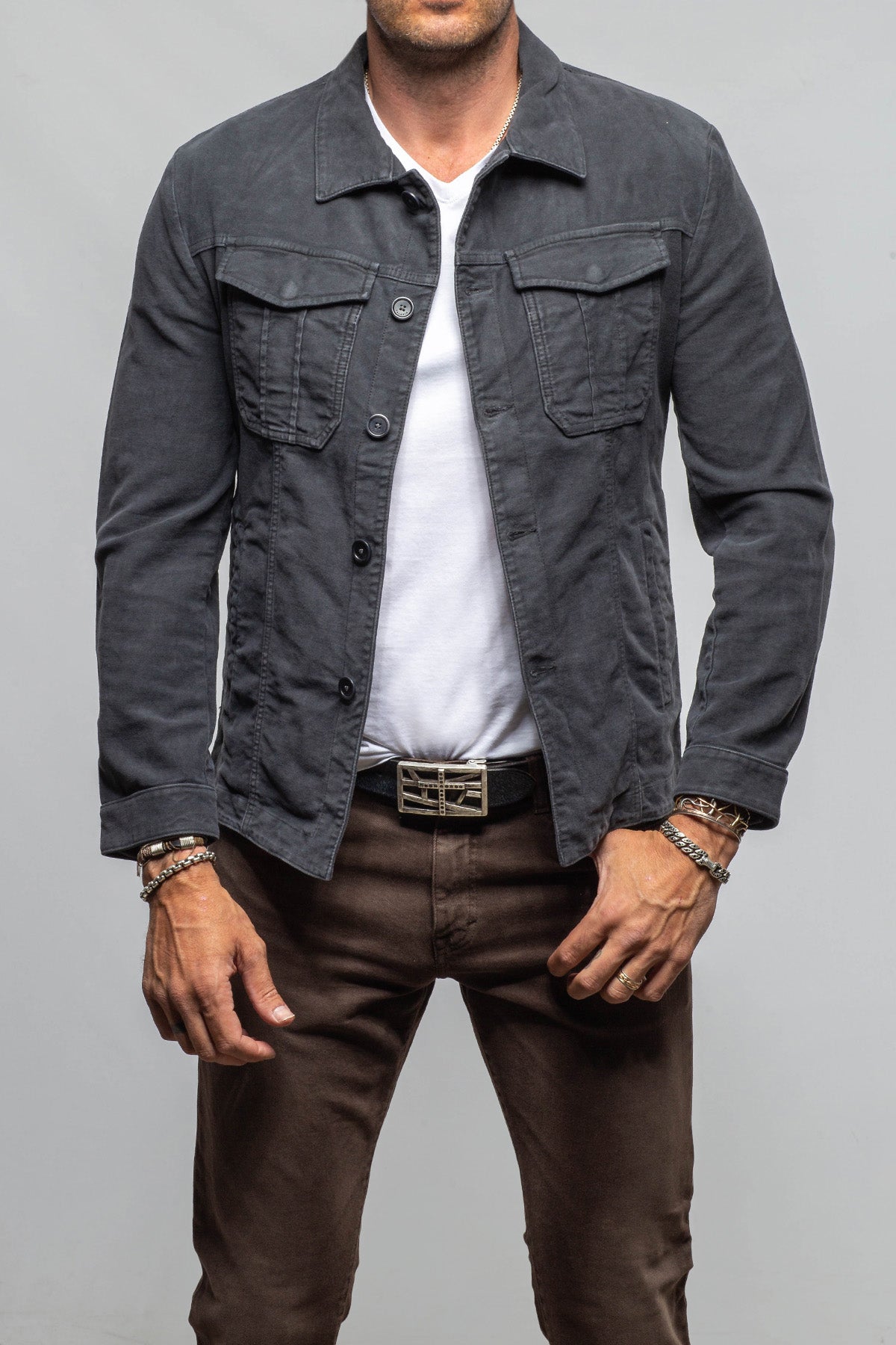 Teleria Zed Trace Overdye Moleskin Overshirt In Antracite Mens - Outerwear - Overshirts