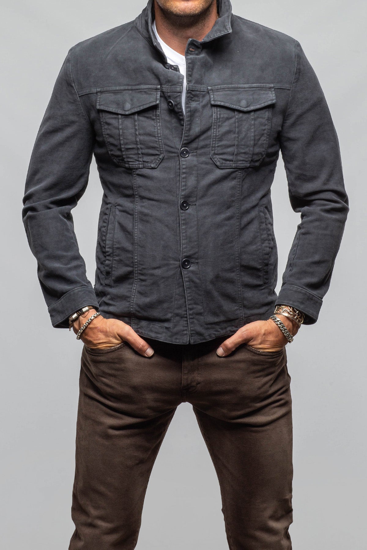 Teleria Zed Trace Overdye Moleskin Overshirt In Antracite Mens - Outerwear - Overshirts