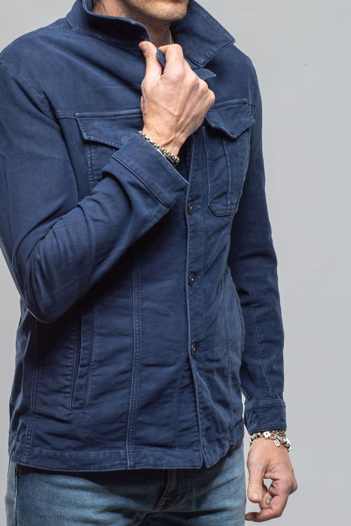 Teleria Zed Trace Overdye Moleskin Overshirt In Blu Cina Mens - Outerwear - Overshirts