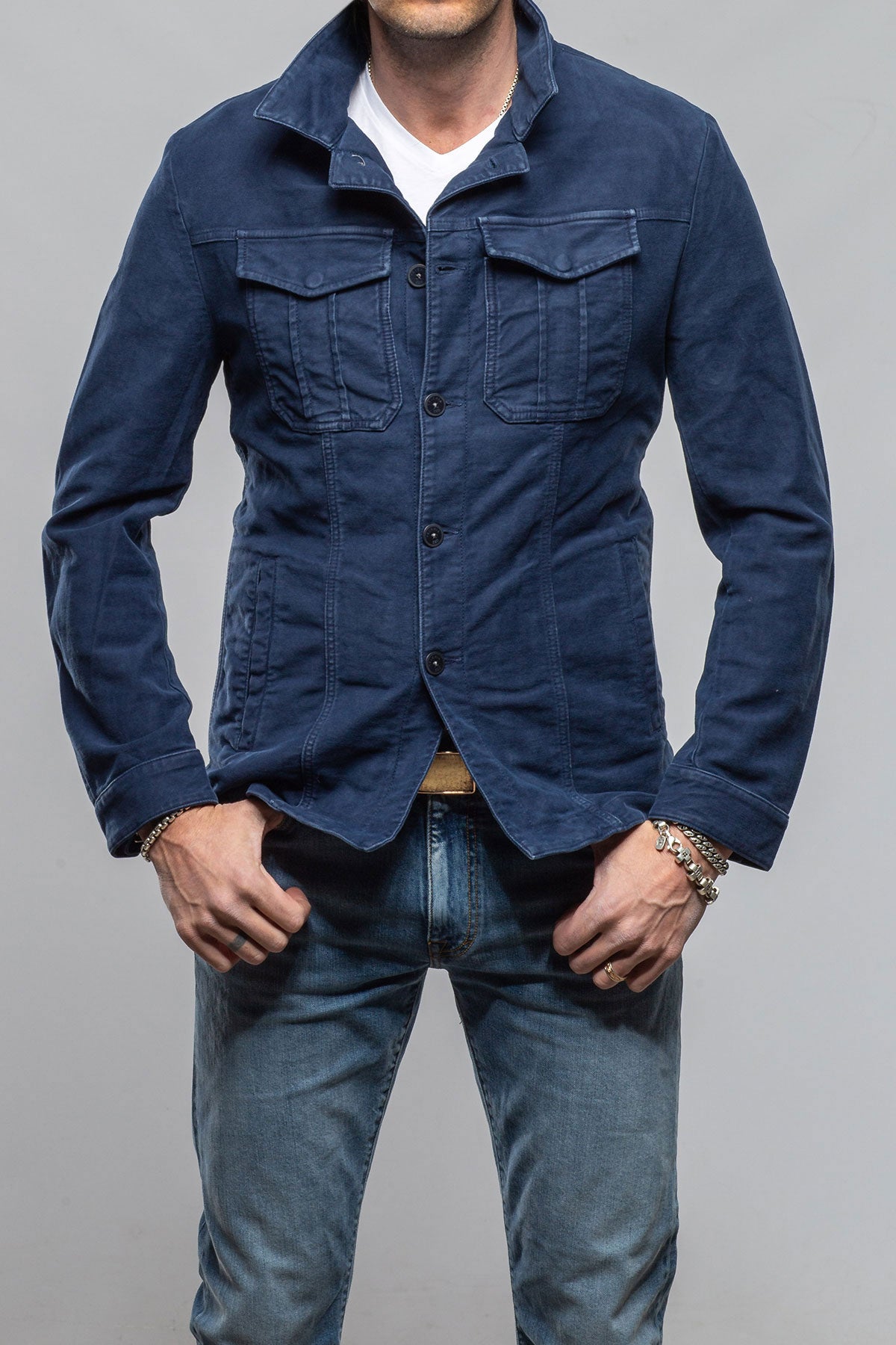 Teleria Zed Trace Overdye Moleskin Overshirt In Blu Cina Mens - Outerwear - Overshirts