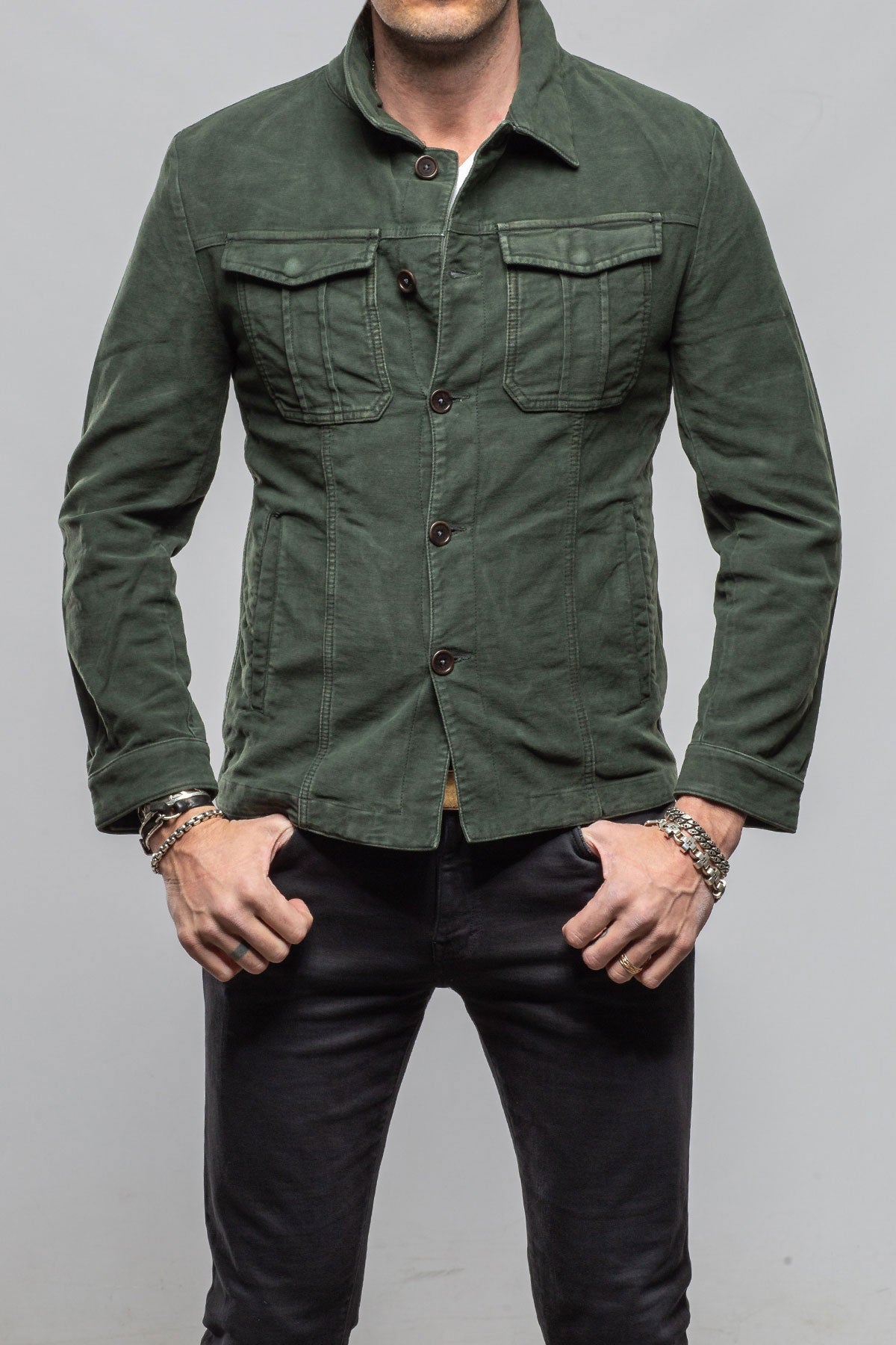 Teleria Zed Trace Overdye Moleskin Overshirt In Muschio Mens - Outerwear - Overshirts