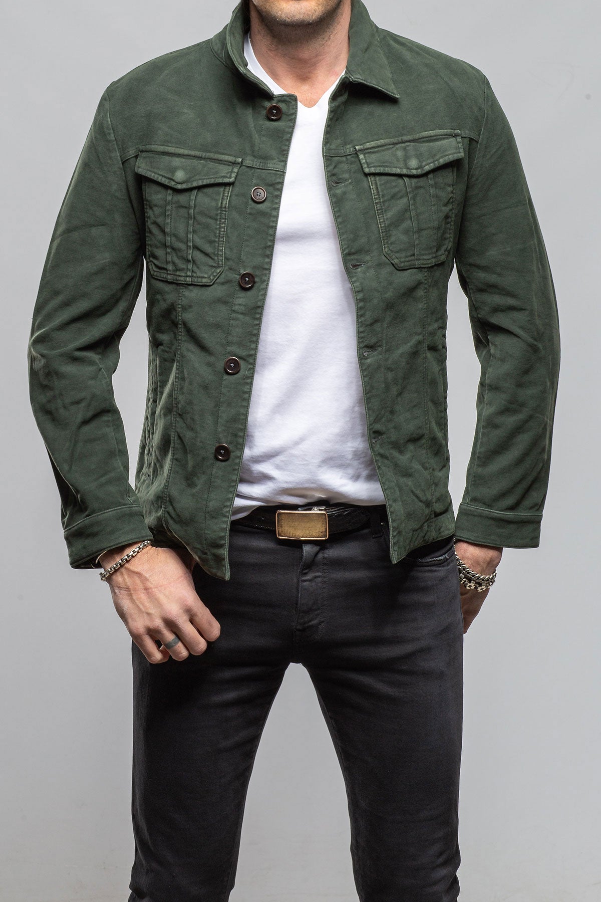 Teleria Zed Trace Overdye Moleskin Overshirt In Muschio Mens - Outerwear - Overshirts