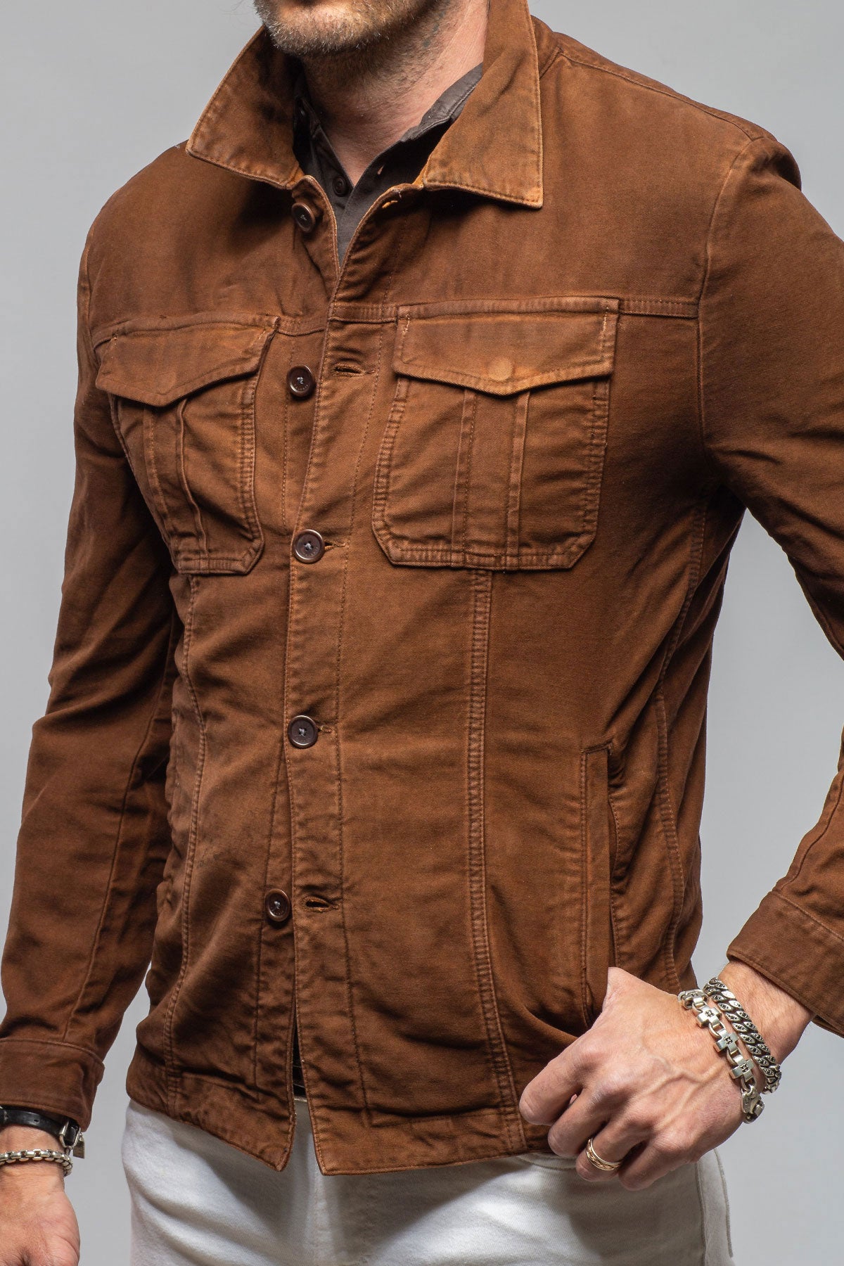 Trace Overdyed Moleskin Overshirt In Ruggine | Mens - Outerwear - Overshirts | Teleria Zed
