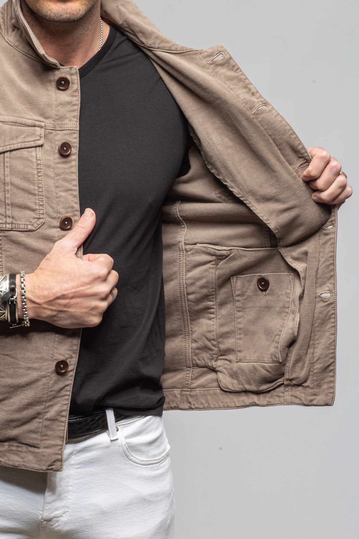 Teleria Zed Trace Overdyed Moleskin Overshirt In Tortora Mens - Outerwear - Overshirts