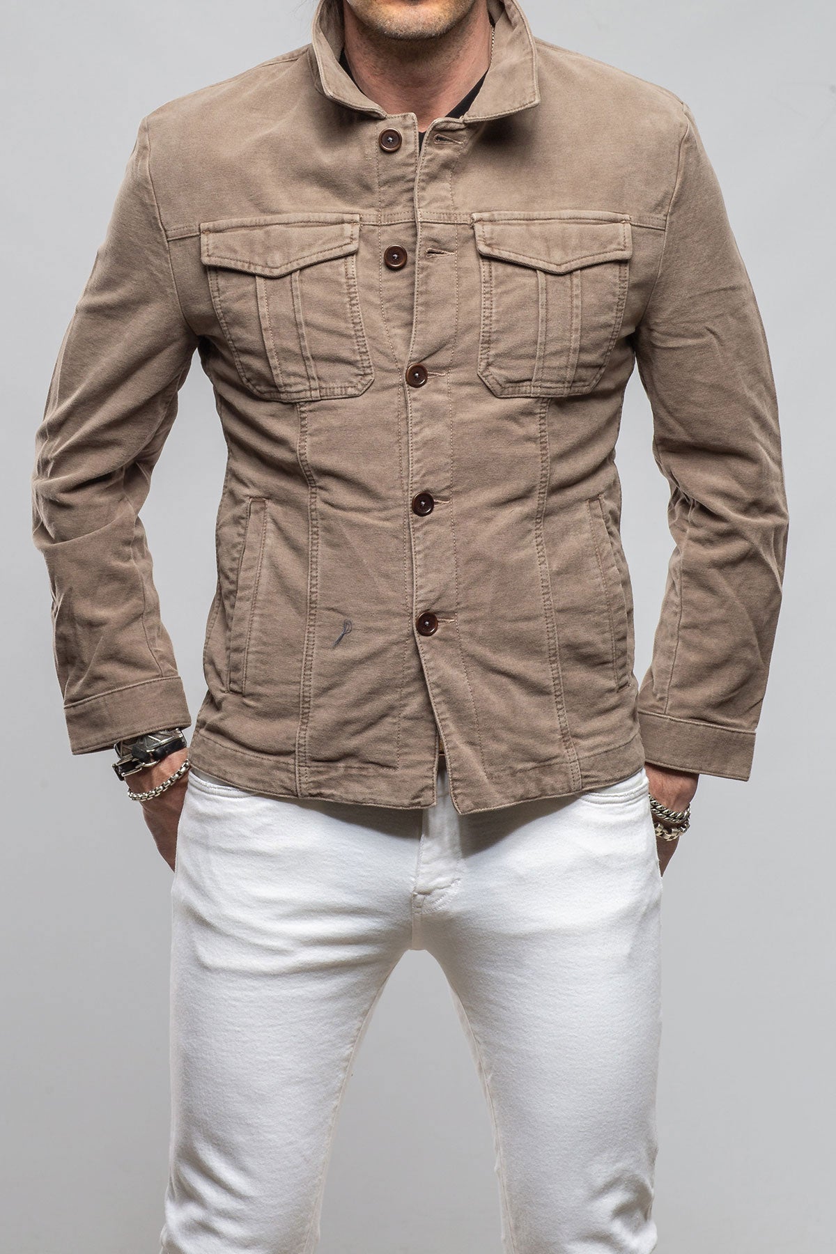 Teleria Zed Trace Overdyed Moleskin Overshirt In Tortora Mens - Outerwear - Overshirts