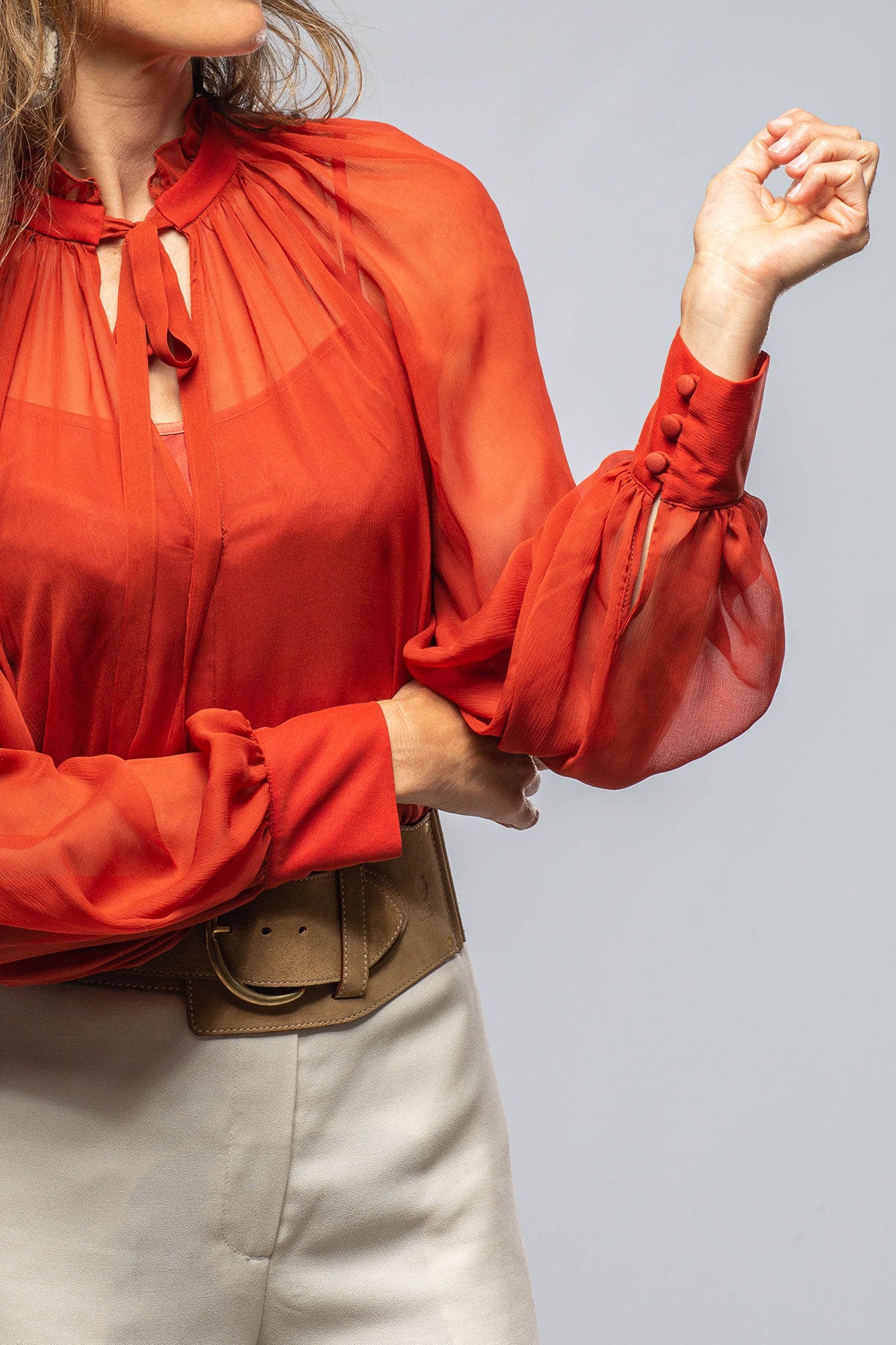 Bishop Sleeve Blouse In Tomato Silk Chiffon