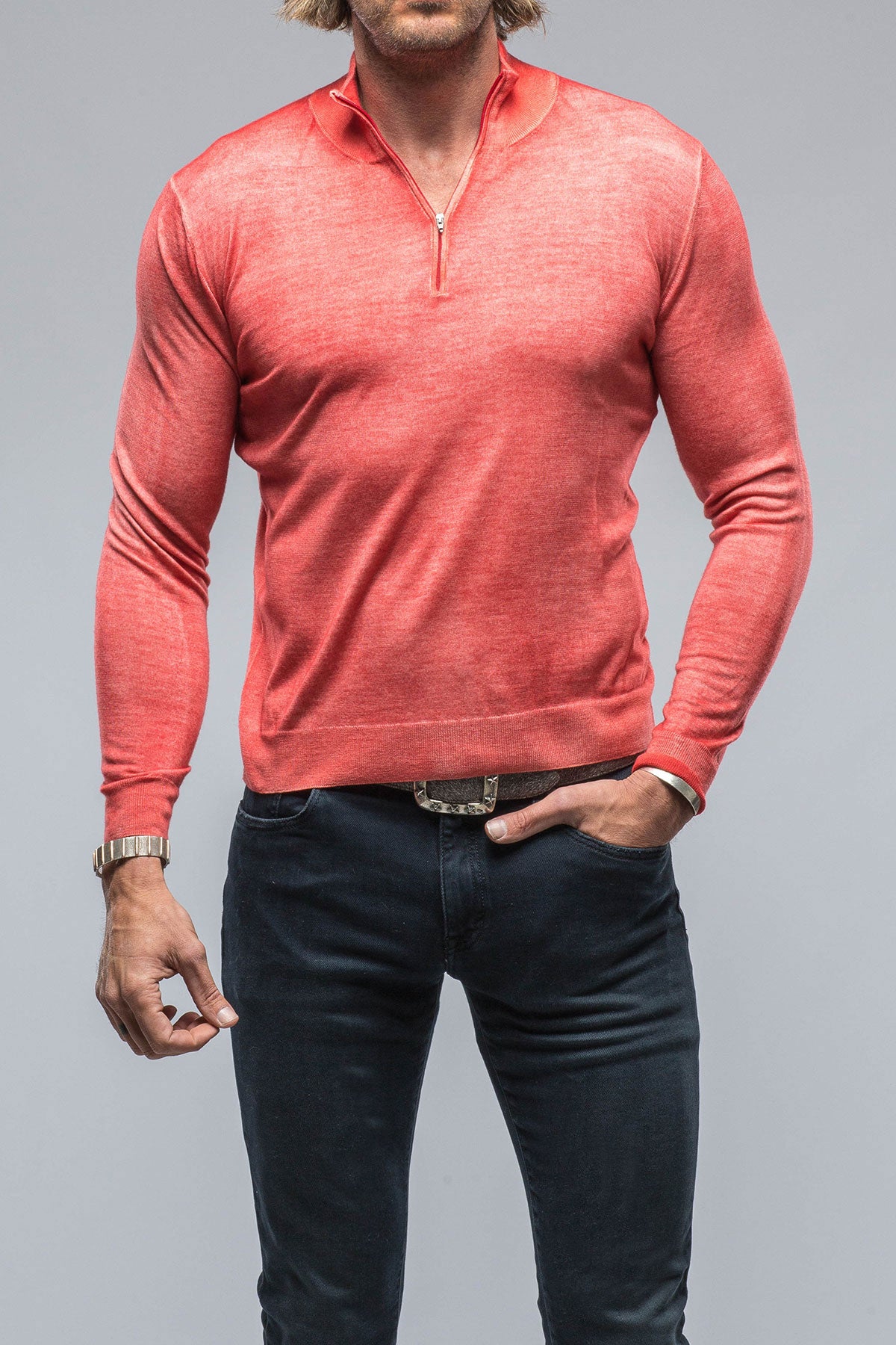 Queniin Cashmere Quarter Zip In Blood Orange