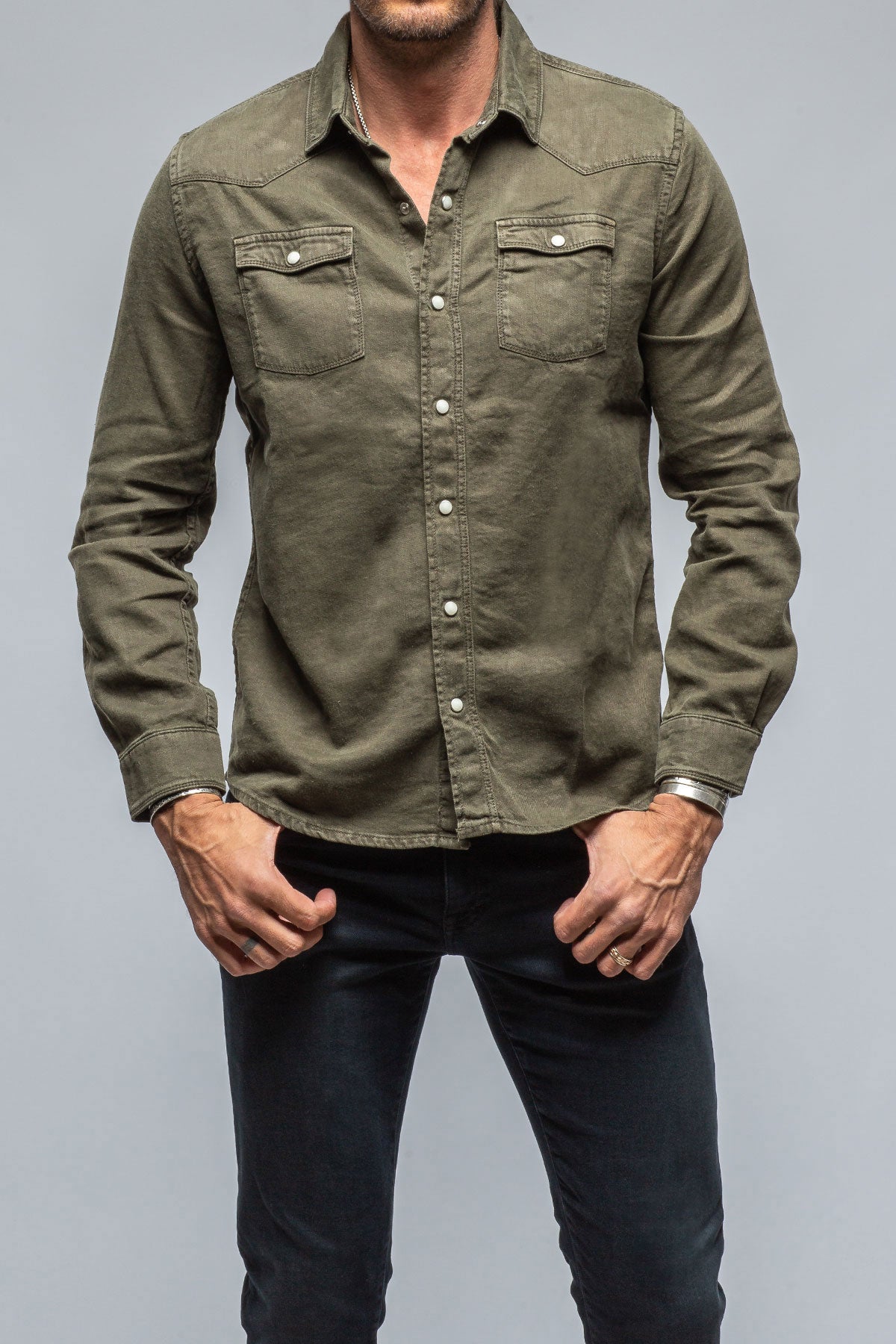 Sullivan Linen Cotton Snap Shirt In Army | Mens - Shirts | Axel's Premium Denim