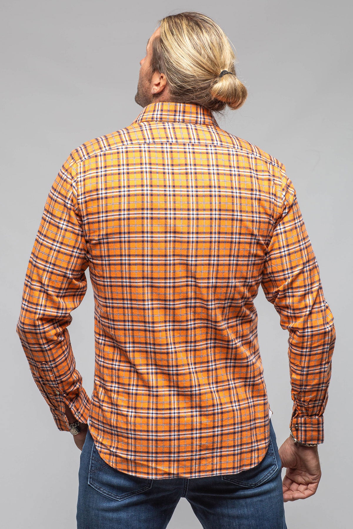Harmony Check Flannel Snap Shirt In Orange Navy
