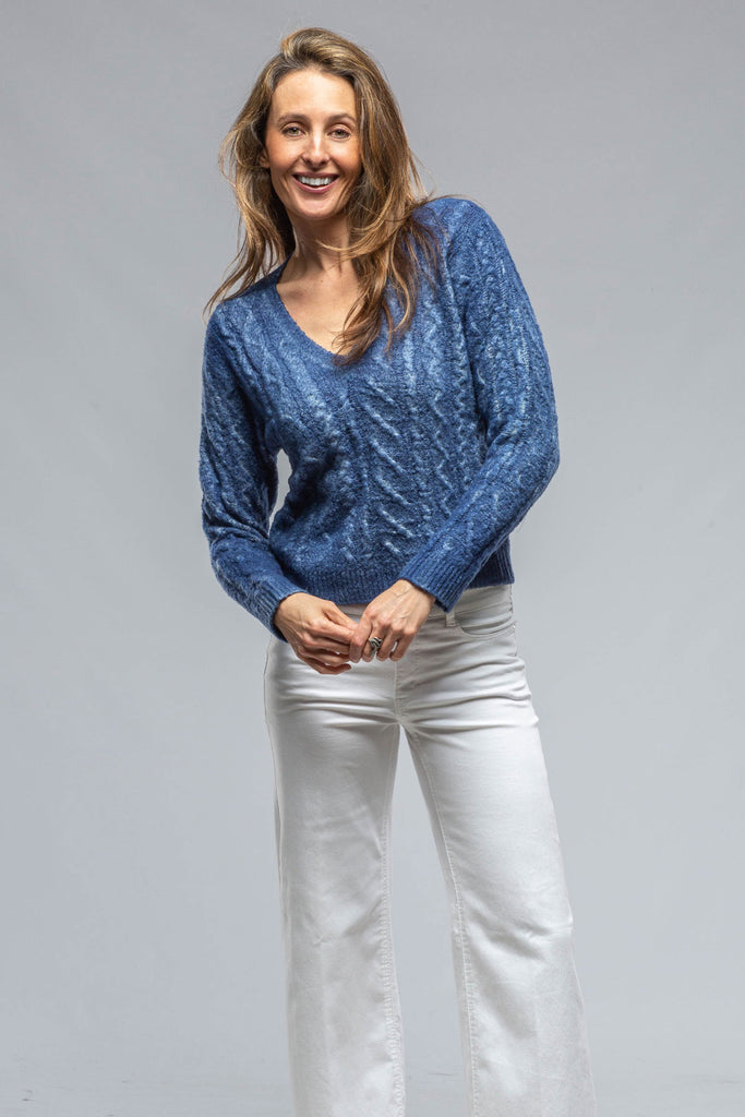 Perla Braided V-Neck Pullover In Denim | Ladies - Sweaters