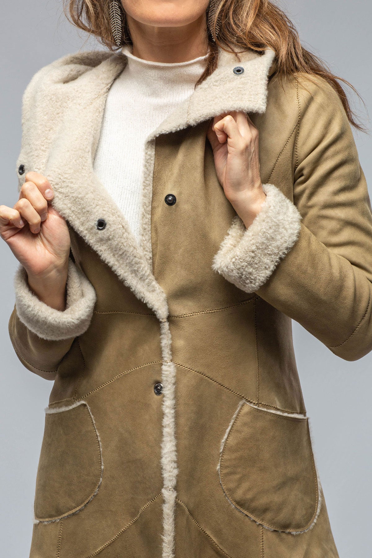 Nevica A-Line Hooded Shearling In Sand | Ladies - Outerwear - Shearling | Roncarati