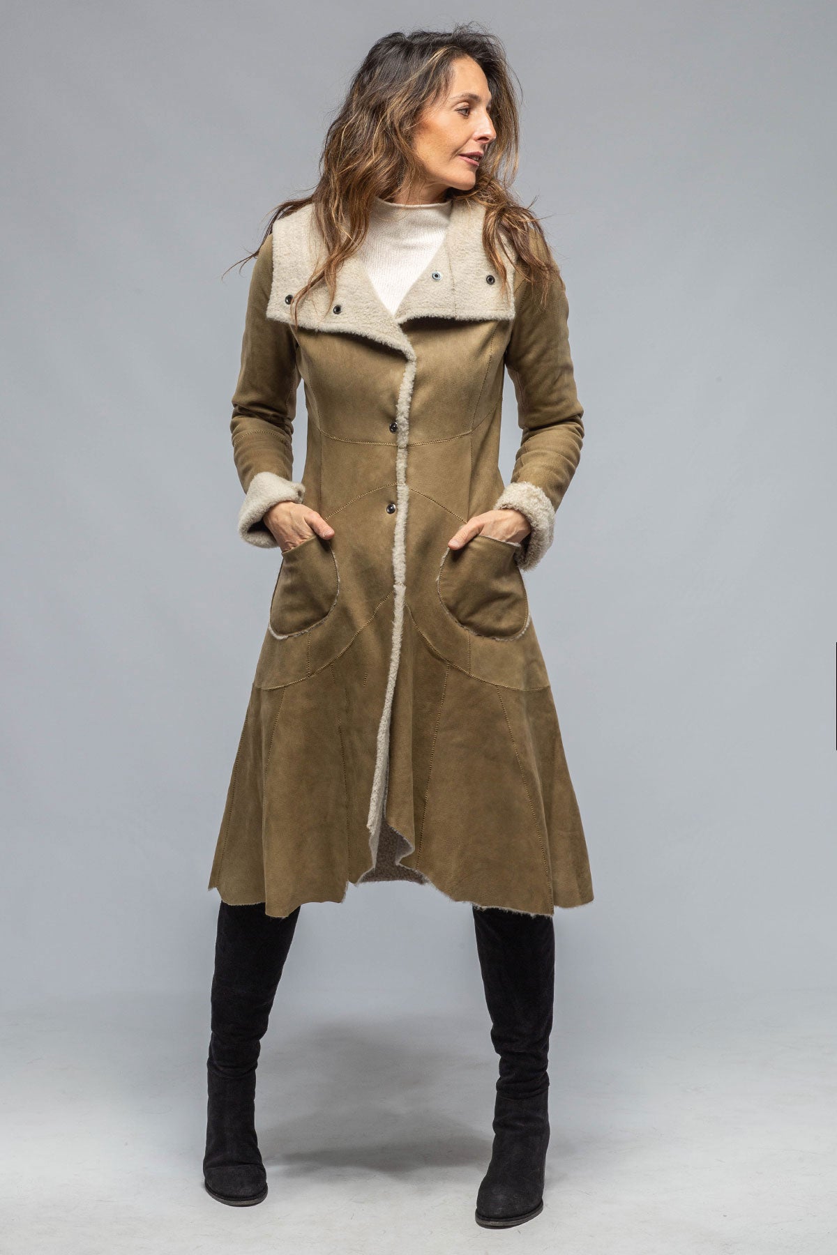 Nevica A-Line Hooded Shearling In Sand | Ladies - Outerwear - Shearling | Roncarati