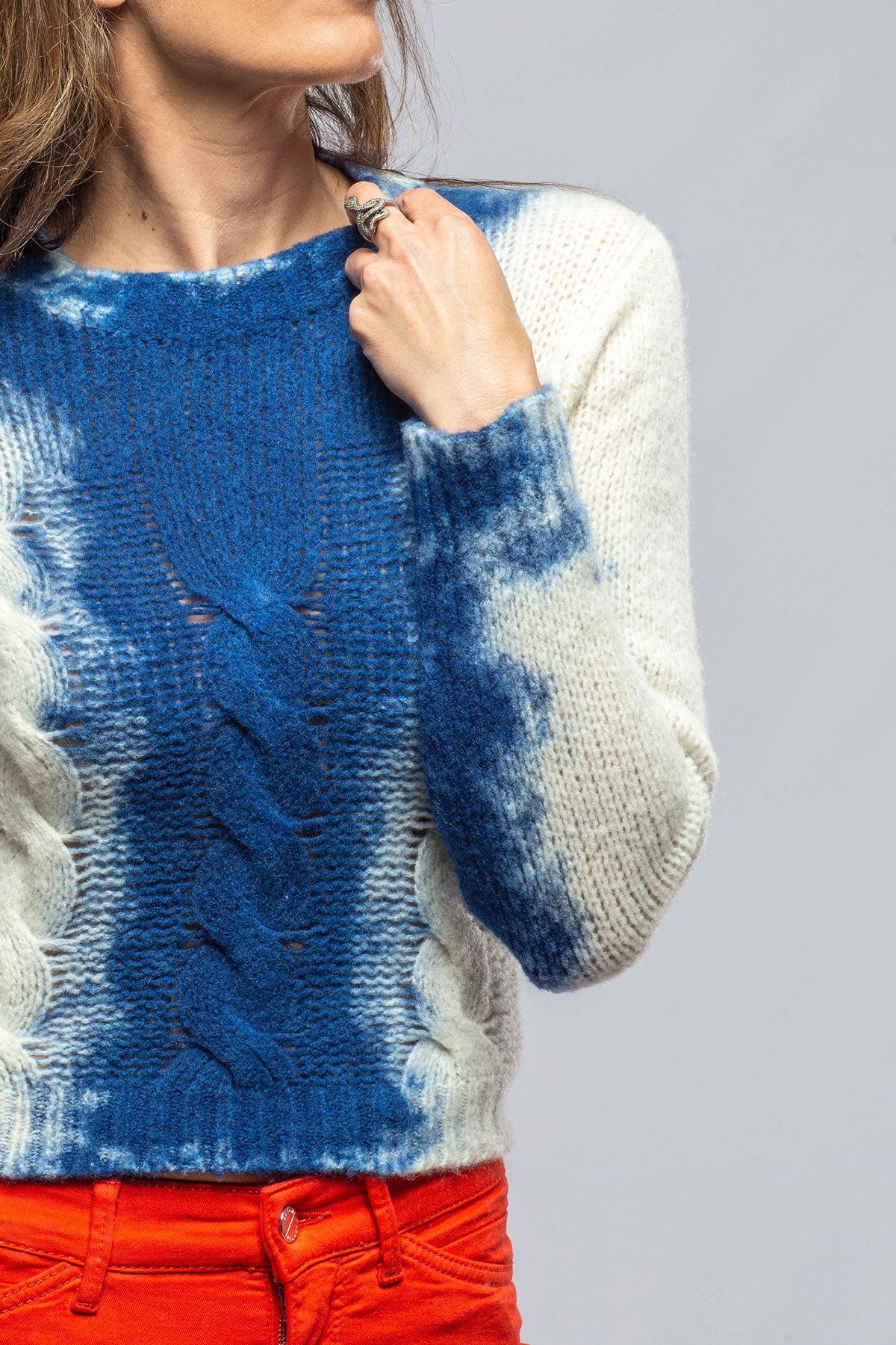 Claudia Cropped Round Neck Cable Sweater W/ Stains In Denim | Ladies - Sweaters | Avant Toi