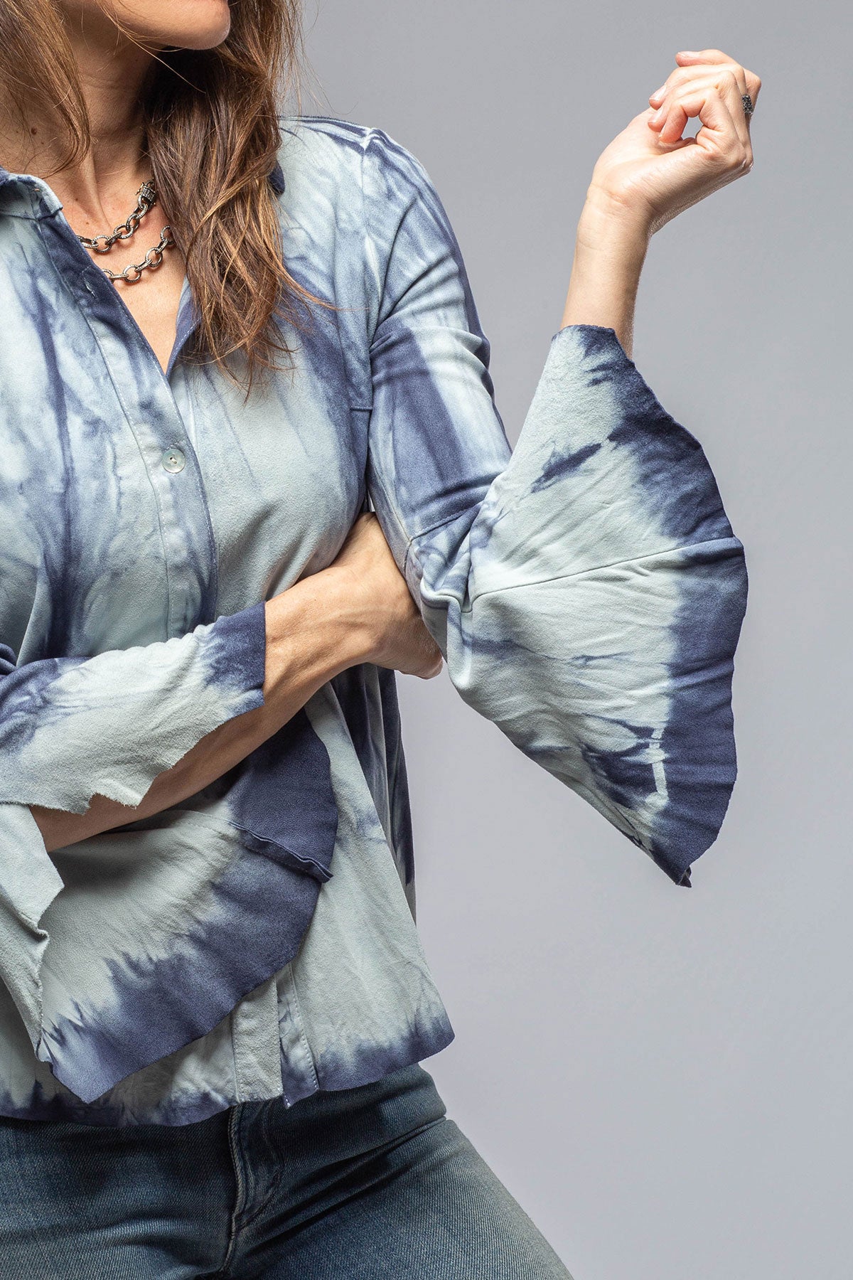 Roncarati Enchantment Flamenco Sleeve Shirt In Royal Ice Ladies - Outerwear - Leather