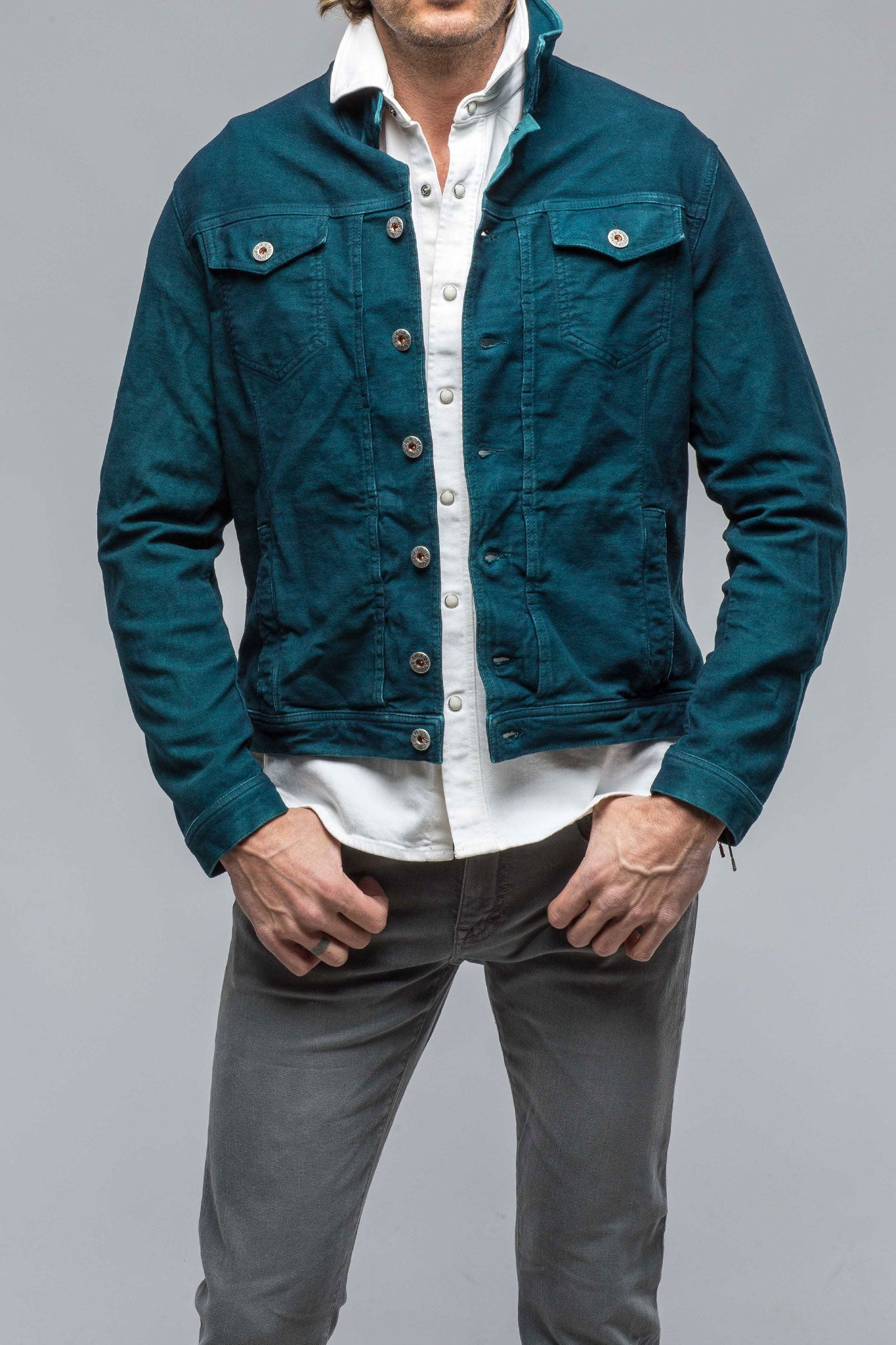 Teleria Zed Walker Moleskin Jean Jacket In Petrolio/Blue Mens - Outerwear - Overshirts