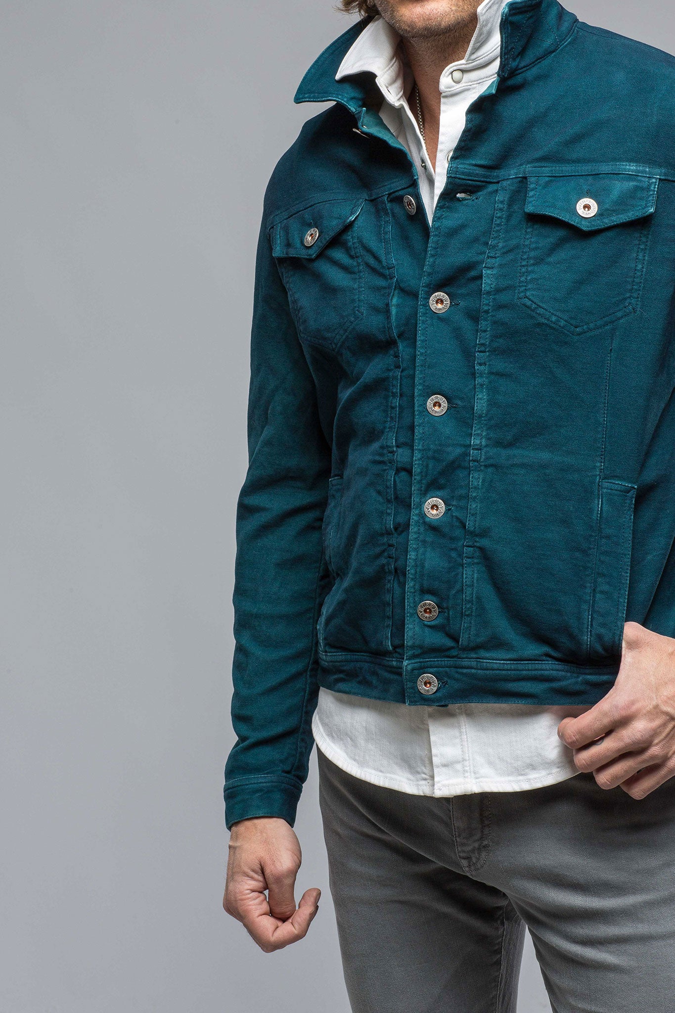 Teleria Zed Walker Moleskin Jean Jacket In Petrolio/Blue Mens - Outerwear - Overshirts