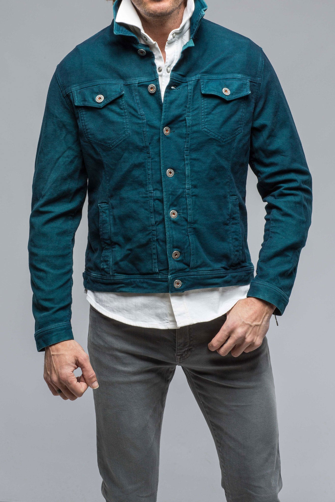 Teleria Zed Walker Moleskin Jean Jacket In Petrolio/Blue Mens - Outerwear - Overshirts