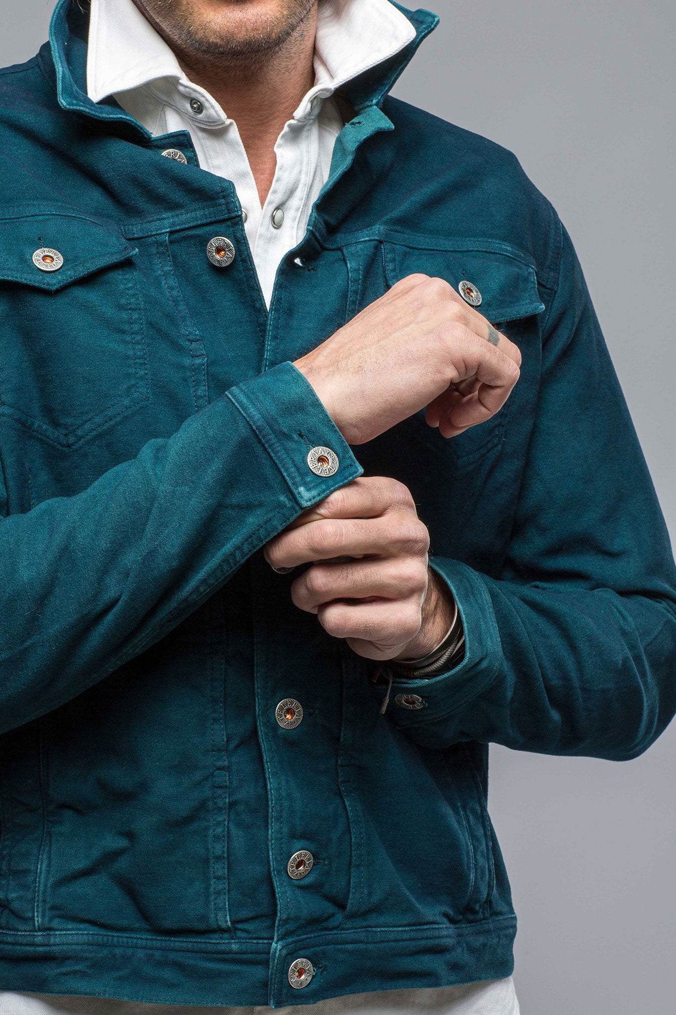 Teleria Zed Walker Moleskin Jean Jacket In Petrolio/Blue Mens - Outerwear - Overshirts