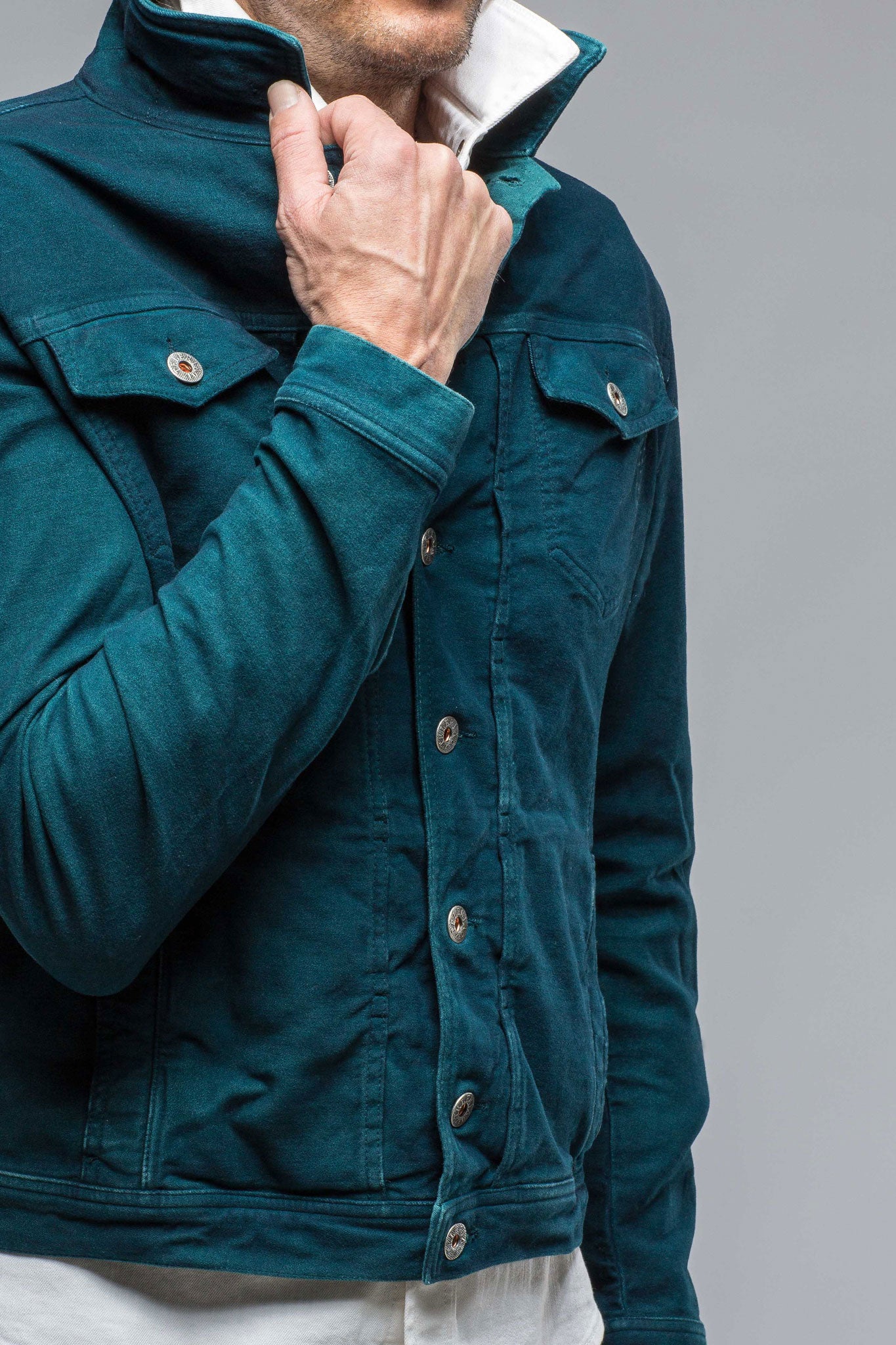 Teleria Zed Walker Moleskin Jean Jacket In Petrolio/Blue Mens - Outerwear - Overshirts